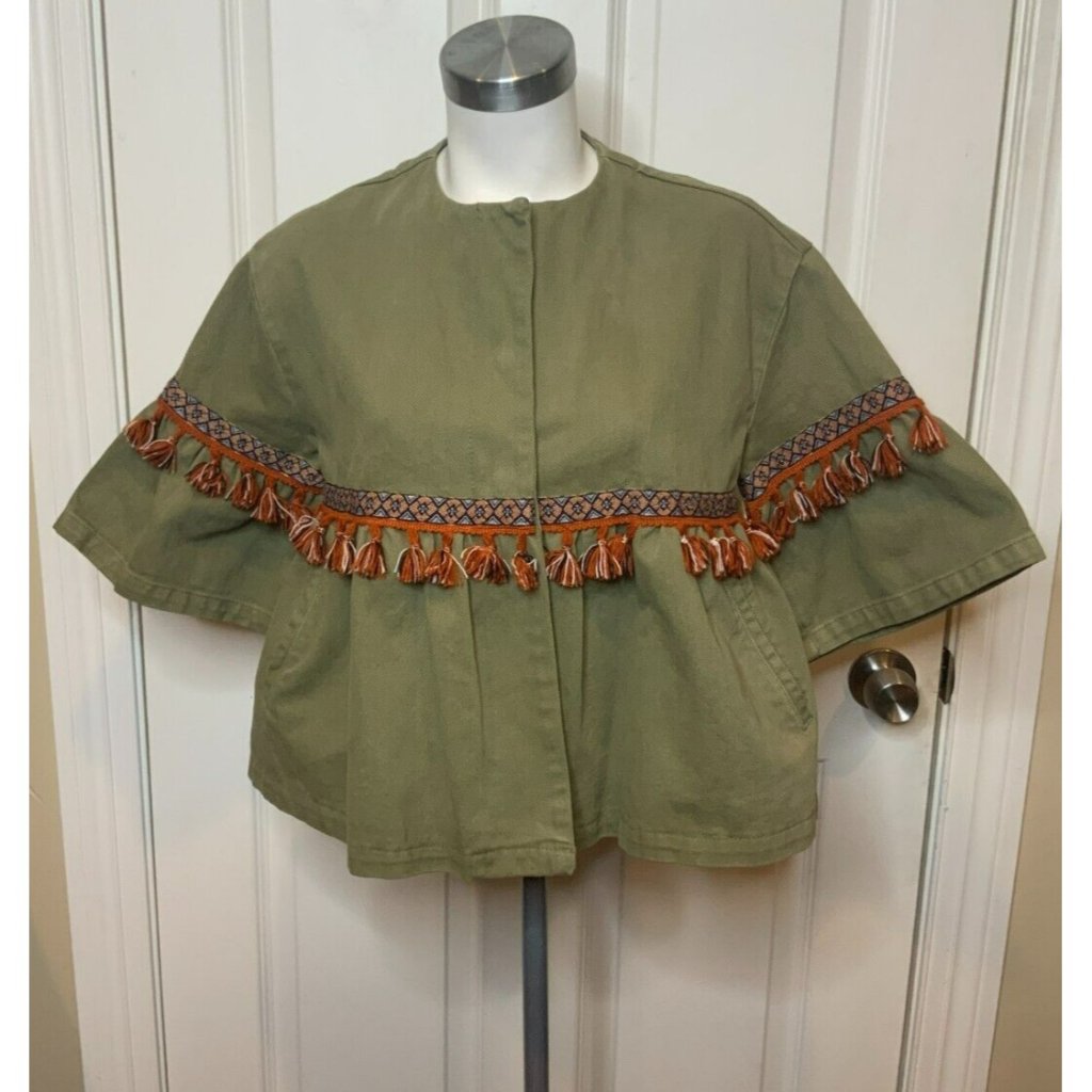 Zara Basic Dept Denim Green Jean Jacket Geometric Embroidery Tassels, Size Xs